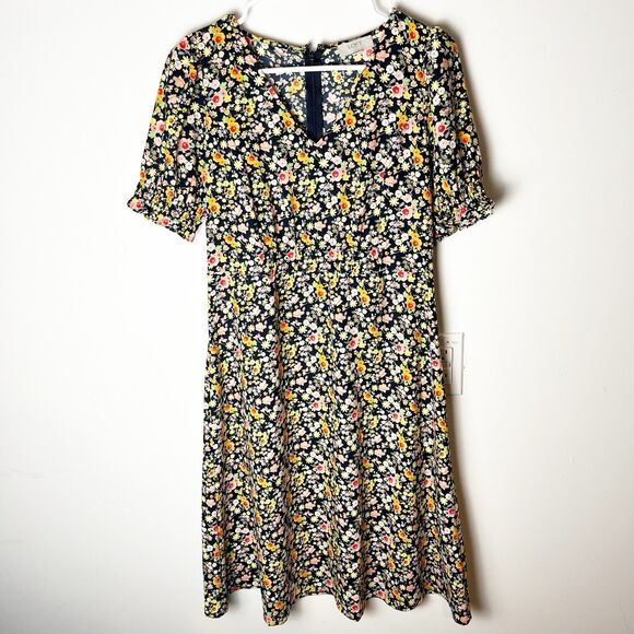 Loft womens 4P Ditsy Floral Dress Yellow Orange Gathered sleeve Vneck 187 - Picture 1 of 8
